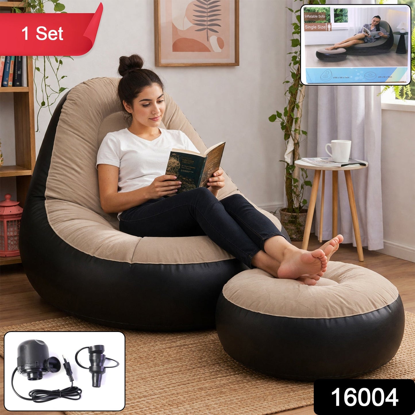 Inflatable Air Sofa Chair Set (1 Set, 100x100x73 + 55x55x30 Cm)