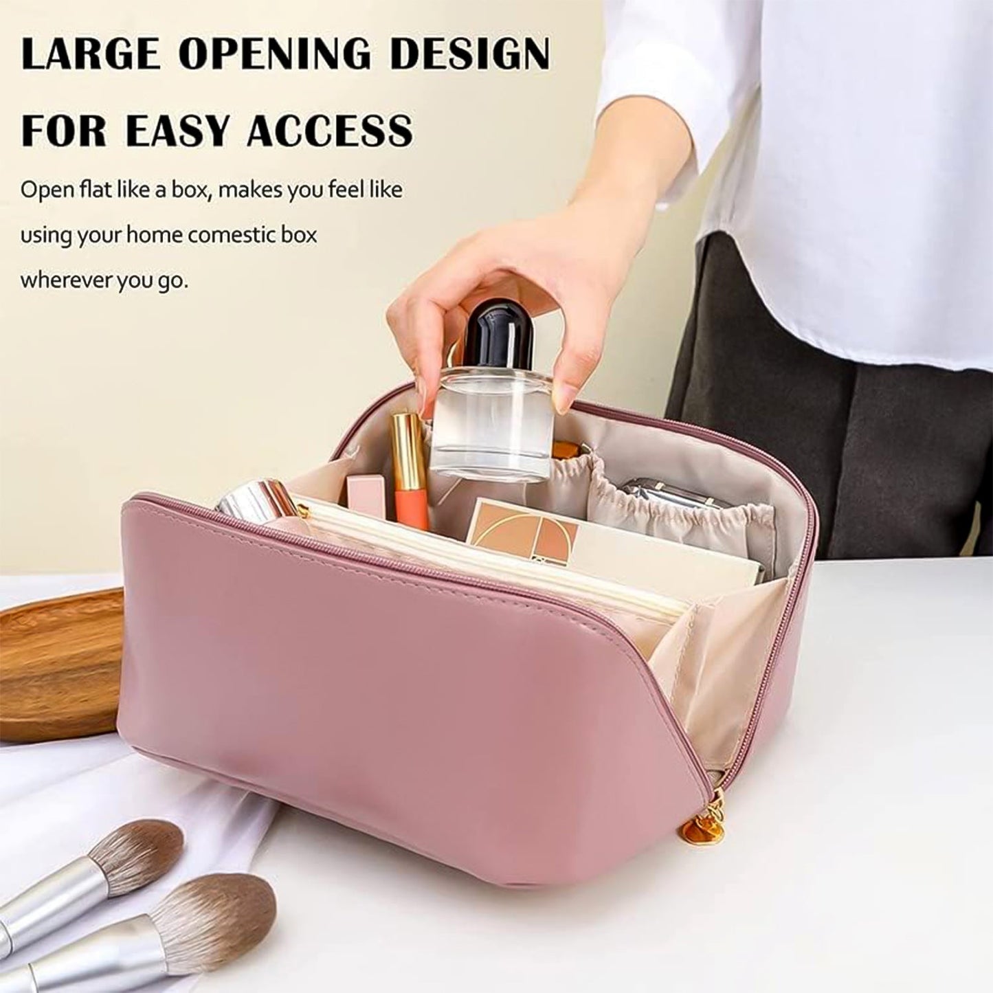 Premium Peach Travel Makeup & Toiletry Organizer Pouch with Zipper & Handle (1 Pc)