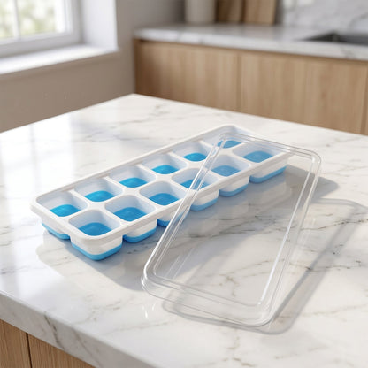 Multipurpose Plastic Ice Cube Tray With Lid (1 Pc, 14 Gride / Blue)